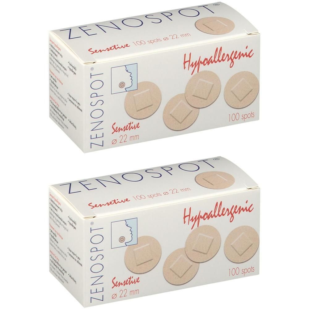 Deux boîtes de Zenospot Pansement Sensitive 22mm. Chaque boîte affiche des pansements et des informations sur le produit.