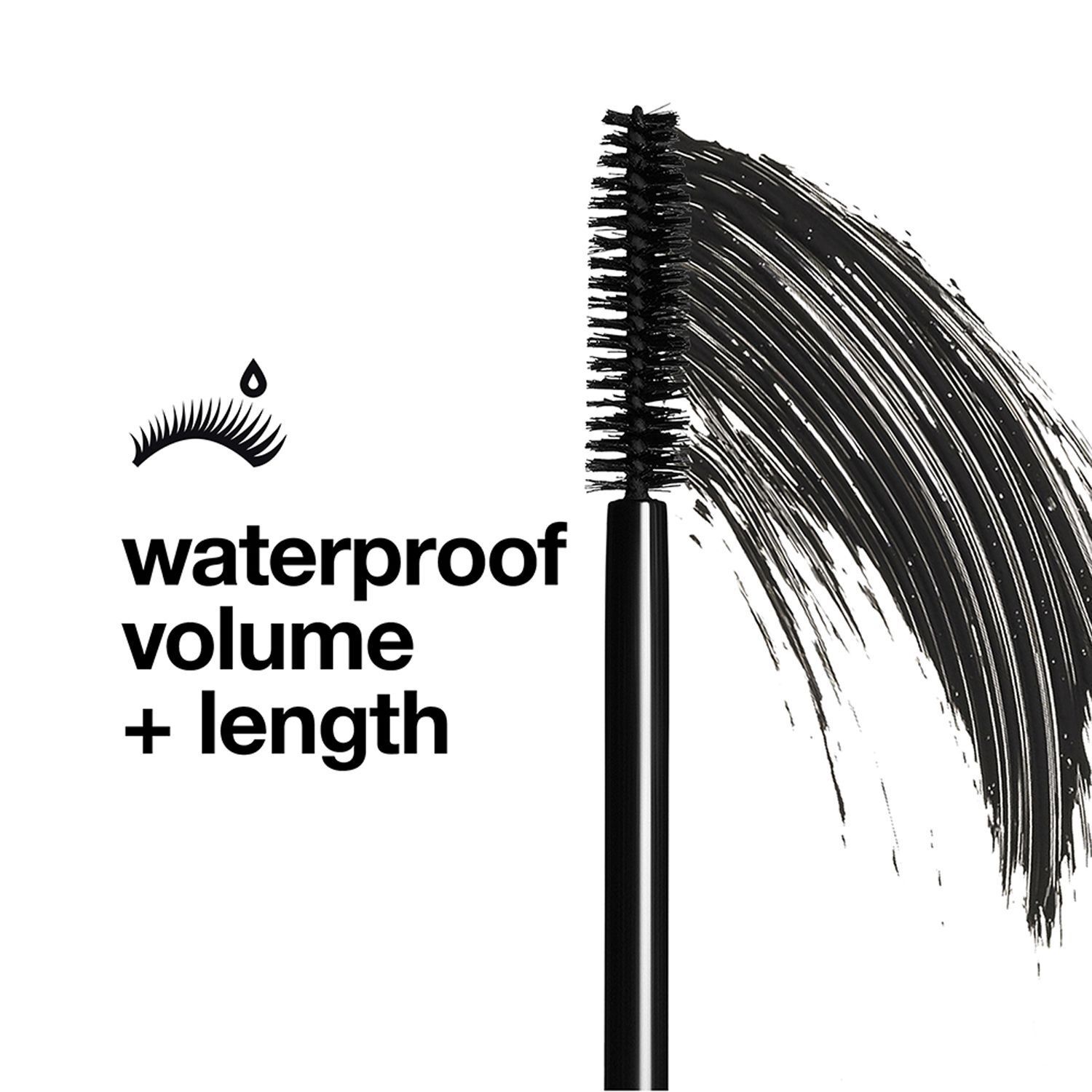 Brosse de mascara noire avec traits de mascara. Texte : waterproof volume + length. Symbole goutte d'eau à côté du symbole des cils.