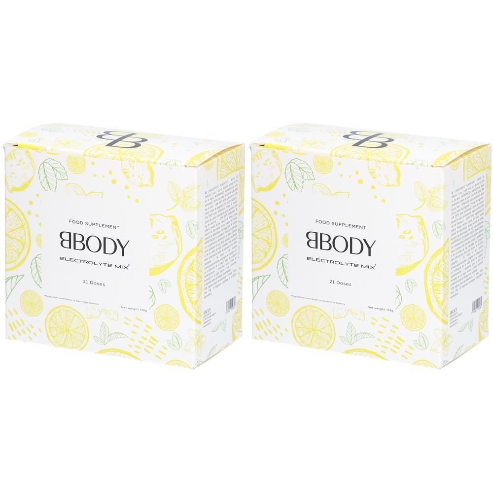 Deux boîtes avec logo BBODY et texte 'ELECTROLYTE MIX'. Design jaune avec motifs de citrons.
