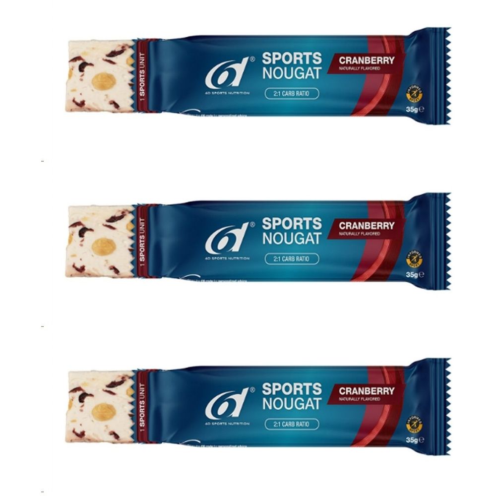 Trois barres emballées en bleu. Inscription : Sports Nougat, Cranberry, 2:1 Carb Ratio. Visible : nougat avec morceaux de canneberge.