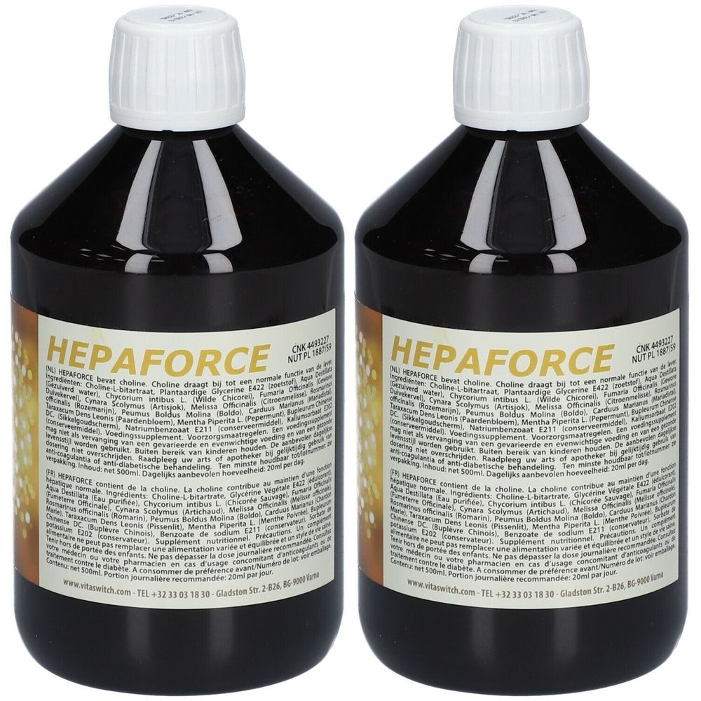 Deux flacons de VITASWITCH Hepaforce. Liquide brun dans des bouteilles à bouchon blanc. Étiquette avec informations.