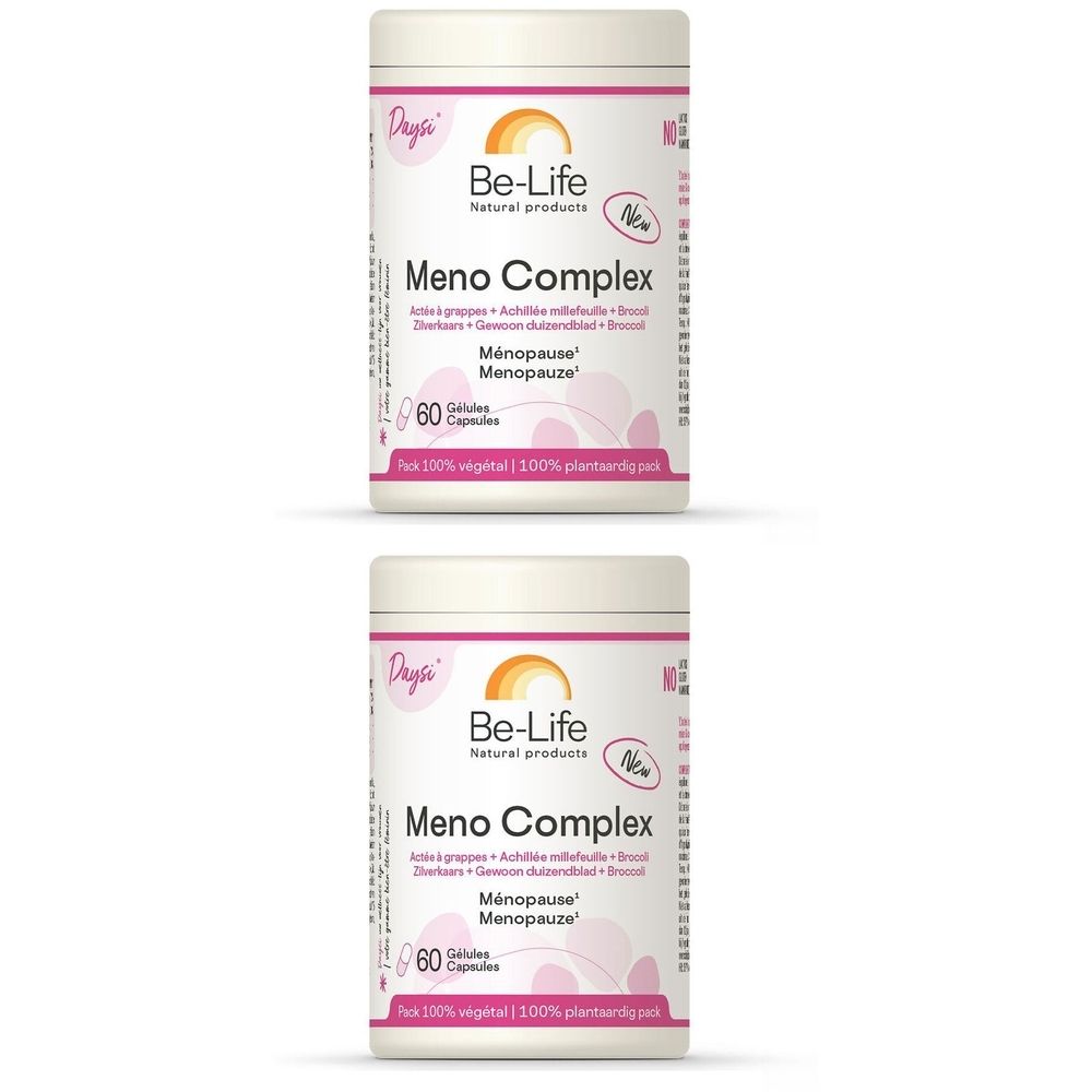 Deux boîtes blanches avec étiquettes. Inscription: Be-Life Meno Complex. Contient 60 capsules. Logo et texte multilingue.
