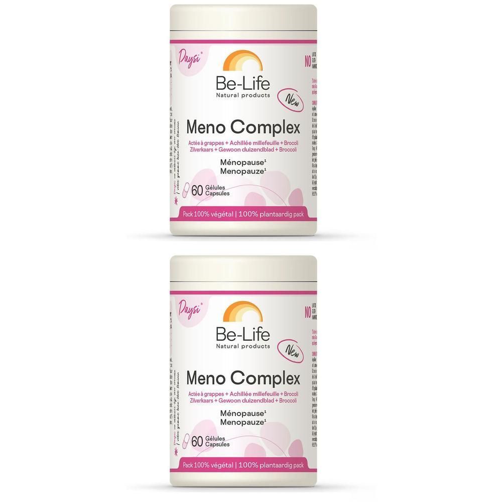 Deux boîtes blanches avec étiquettes. Inscription: Be-Life Meno Complex. Contient 60 capsules. Logo et texte multilingue.