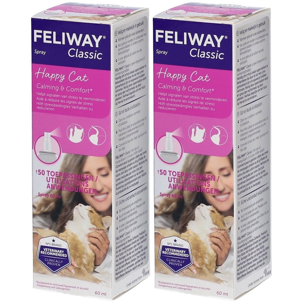Deux boîtes de Feliway Classic Spray. Inscription "Happy Cat" et "Calming & Comfort". Contient 50 utilisations. Recommandé par les vétérinaires.