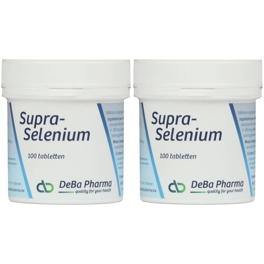 Deux boîtes blanches "Supra-Selenium" et "100 comprimés". Logo DeBa Pharma.