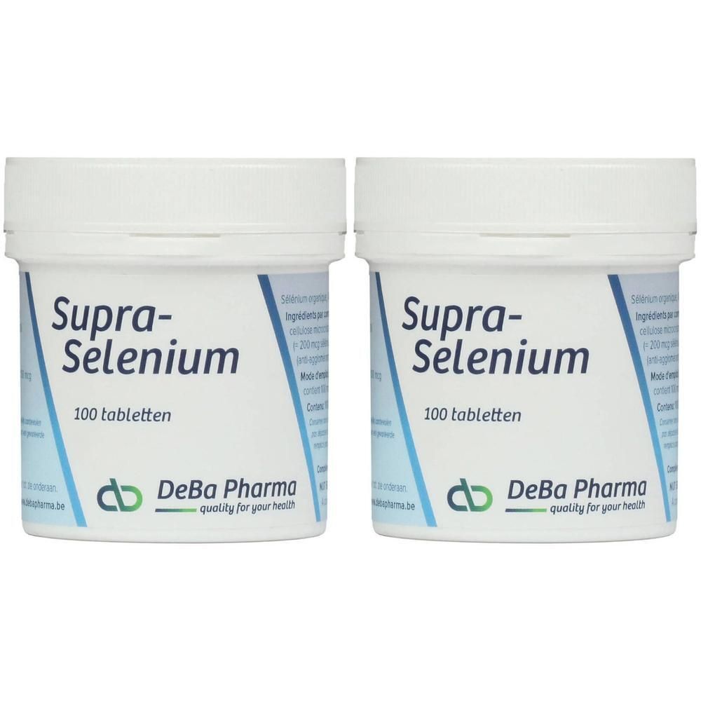 Deux boîtes blanches "Supra-Selenium" et "100 comprimés". Logo DeBa Pharma.