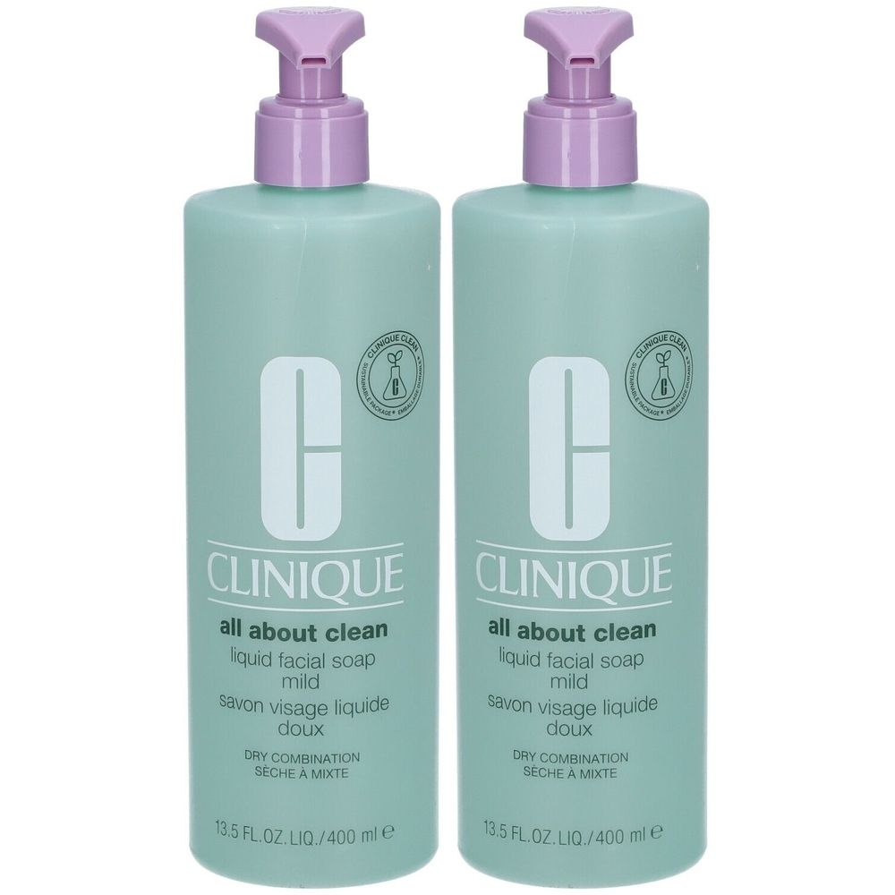Deux flacons de Clinique All About Clean, savon visage liquide doux. Flacons vert clair avec pompes violettes. Texte sur les flacons.