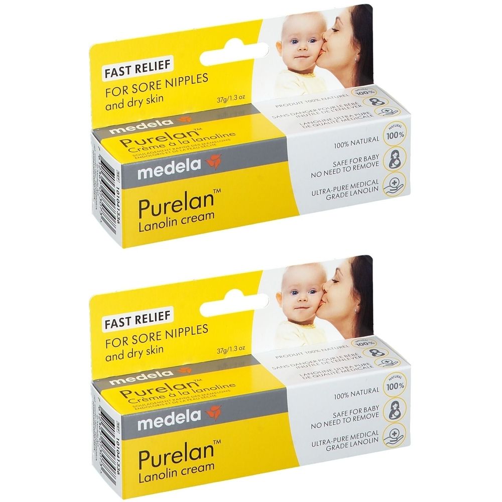 Deux boîtes de crème à la lanoline Medela Purelan. Emballage jaune et blanc avec nom du produit et illustration mère-bébé. Texte : Fast Relief.