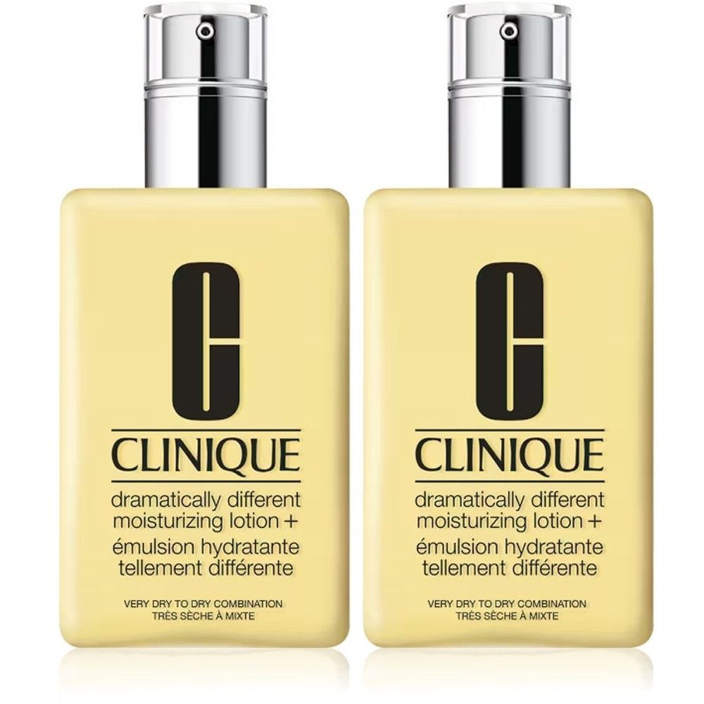 Deux flacons de Clinique Dramatically Different Moisturizing Lotion+. Flacons jaunes, logo et texte noirs.