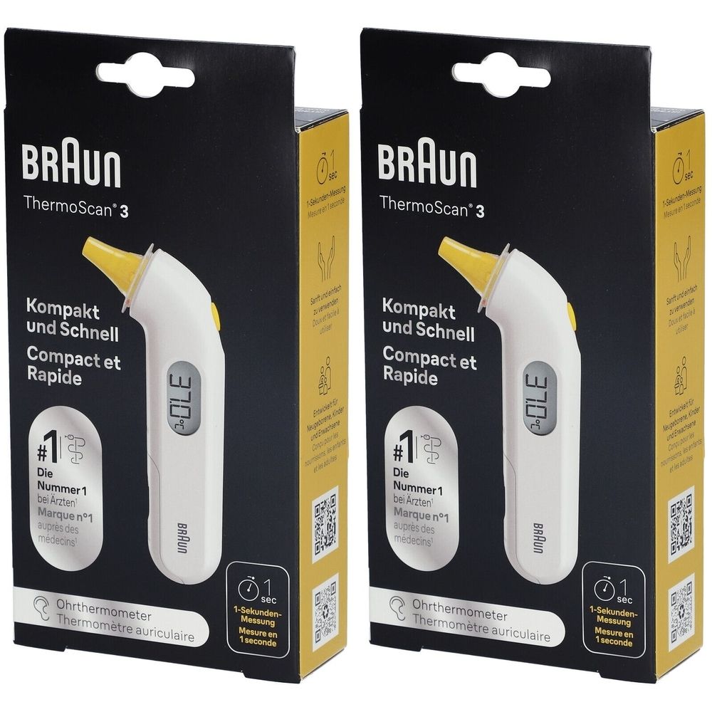 Thermomètre auriculaire Braun ThermoScan 3. Appareil blanc et jaune. Boîte noire. Écran affichant une température.