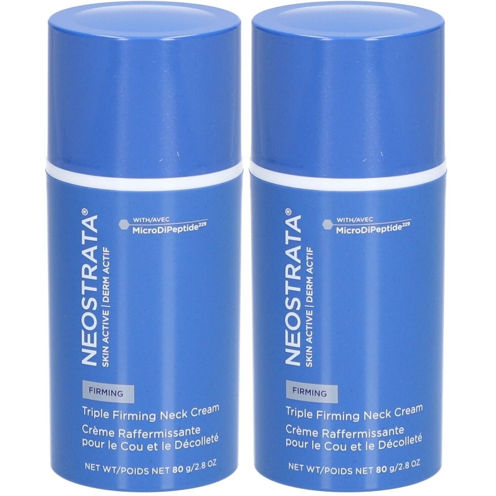 Deux tubes de crème bleus avec couvercles blancs. Inscription: NeoStrata, Triple Firming Neck Cream. Avec MicroDiPeptide.