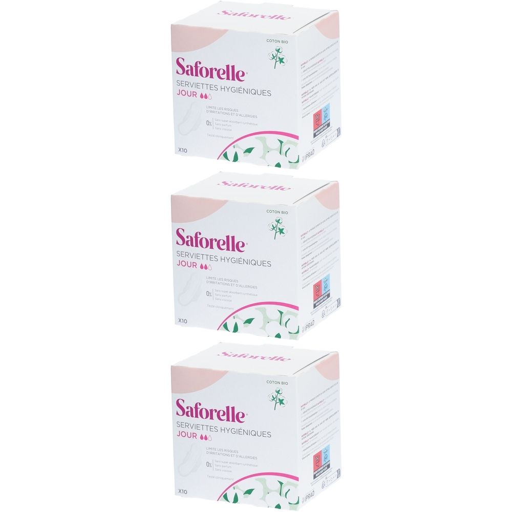 Trois boîtes carrées. Inscription: Saforelle, Serviette Hygiénique, Jour. Éléments roses et verts.