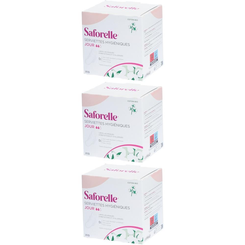 Trois boîtes carrées. Inscription: Saforelle, Serviette Hygiénique, Jour. Éléments roses et verts.