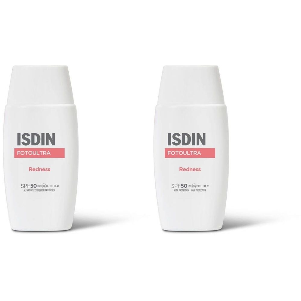 Deux flacons blancs ISDIN Fotoultra Redness SPF 50+. Inscription rouge Redness. Texte noir sur fond blanc.