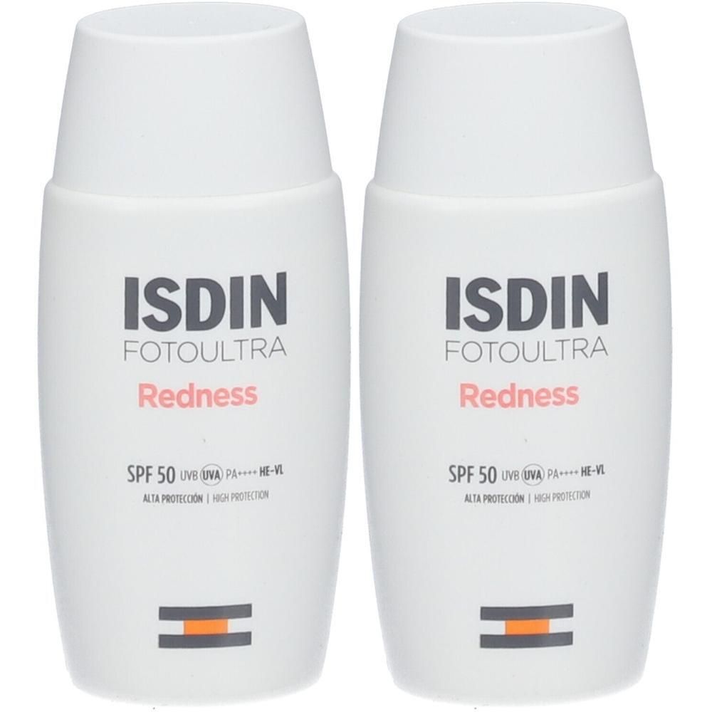 Deux flacons blancs ISDIN Fotoultra Redness SPF 50+. Inscription rouge Redness. Texte noir sur fond blanc.