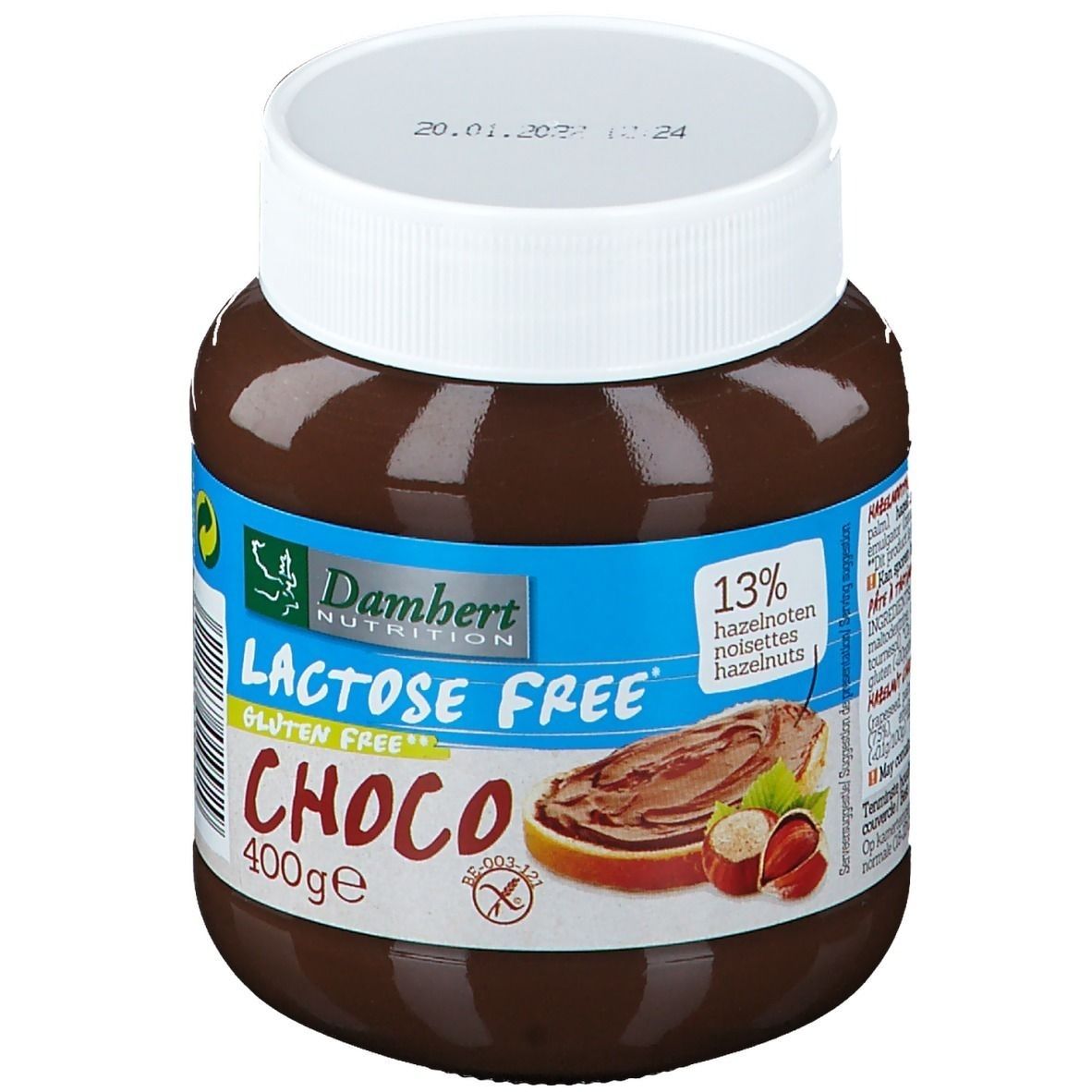 Pot de Damhert Choco Aufstrich. Inscriptions : Sans lactose, Sans gluten, Choco. 400g. 13% noisettes.