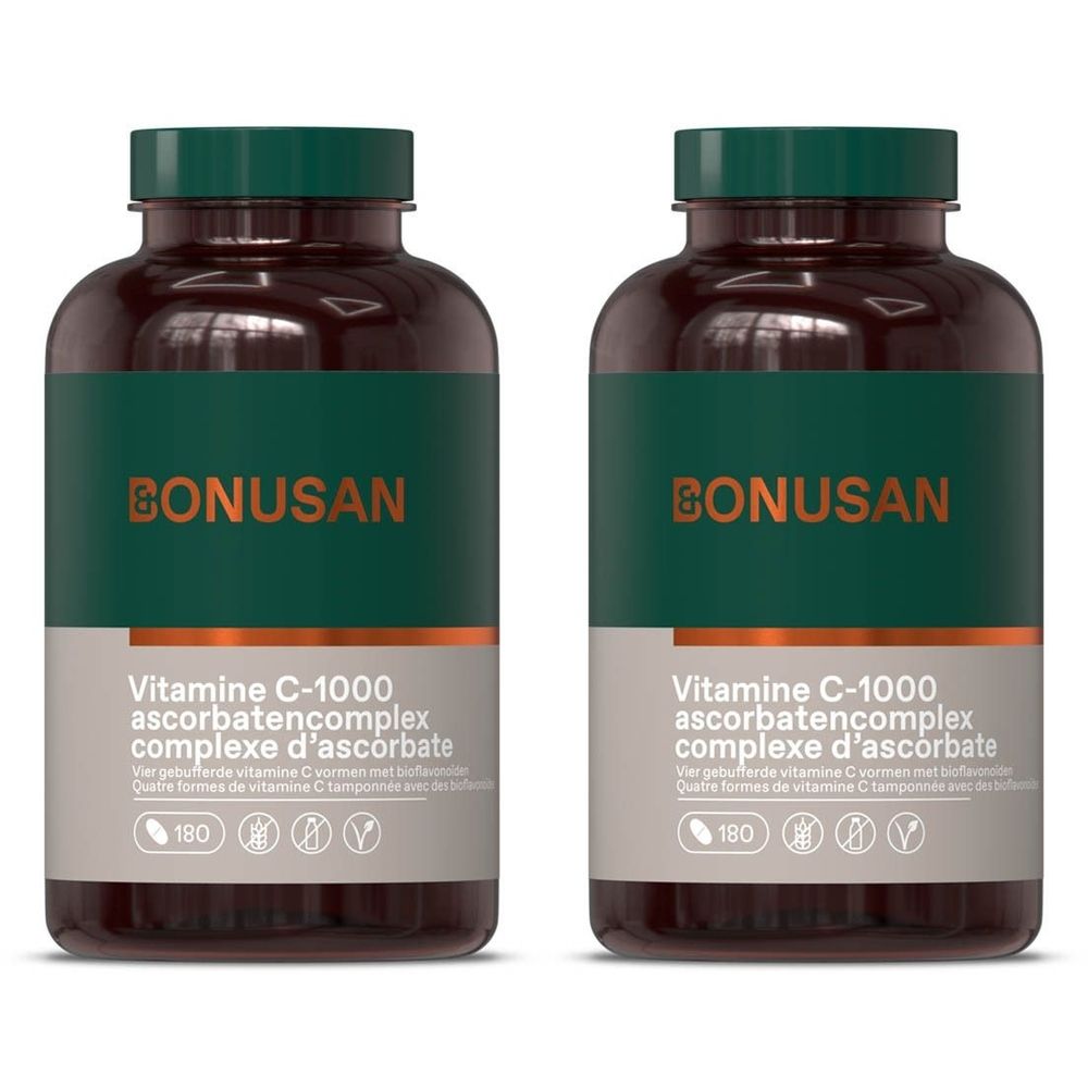 Deux flacons avec étiquette verte. Inscription: BONUSAN, Vitamine C-1000, complexe d'ascorbate. 180 comprimés.