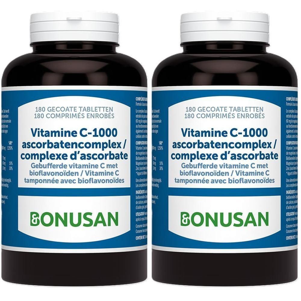 Deux flacons avec étiquette bleue. Inscription: BONUSAN, Vitamine C-1000, complexe d'ascorbate. 180 comprimés.