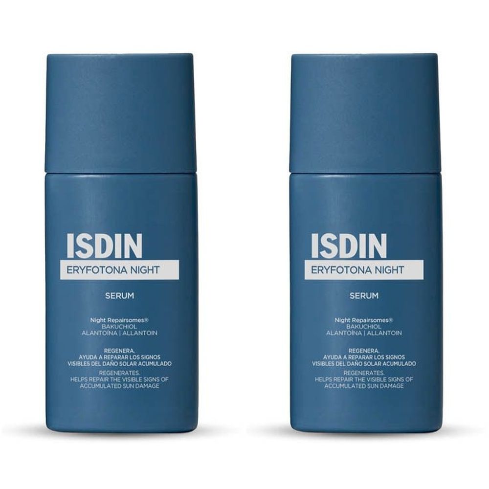 Deux flacons bleus ISDIN Eryfotona Night Serum. Texte blanc, informations produit.
