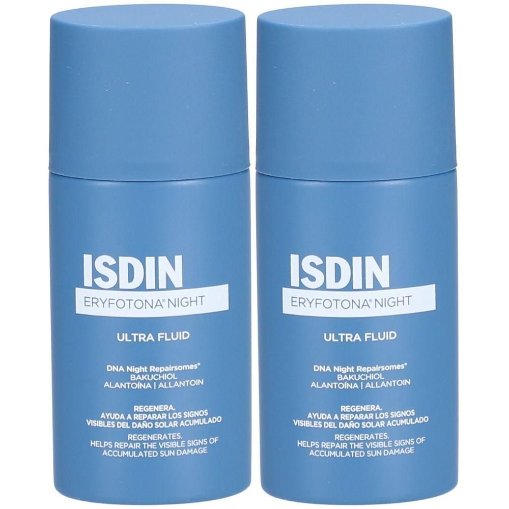Deux flacons bleus ISDIN Eryfotona Night Ultra Fluid. Texte blanc, informations produit.