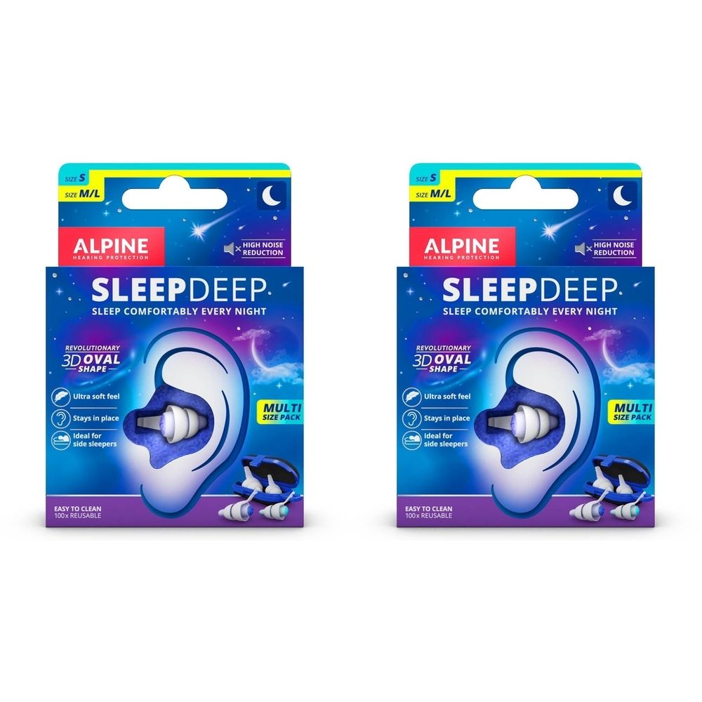 Deux boîtes de bouchons d'oreille Alpine SleepDeep. Emballage bleu avec illustration et texte du produit. Multi-taille.