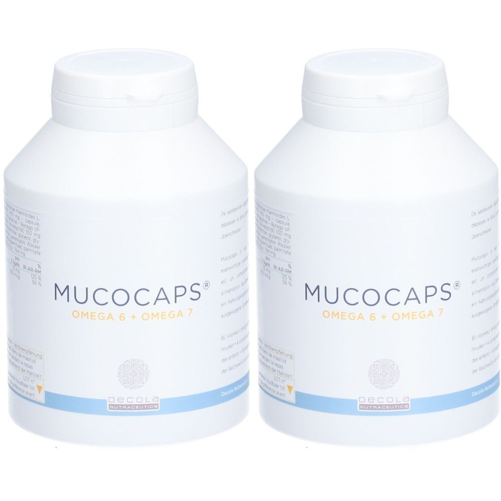Deux flacons blancs avec l'inscription MUCOCAPS. Inscription: Omega 6 + Omega 7. En dessous: Decola.