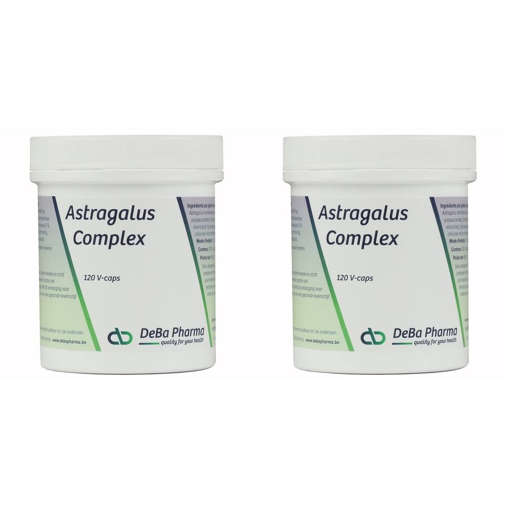 Deux pots blancs avec étiquette. Inscription: Astragalus Complex, 120 V-caps. Logo DeBa Pharma.