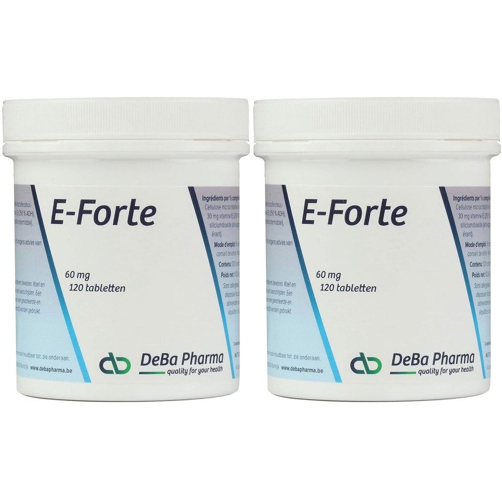 Deux pots de comprimés blancs avec couvercles. Inscription "E-Forte 60 mg 120 tabletten". Logo et texte "DeBa Pharma".