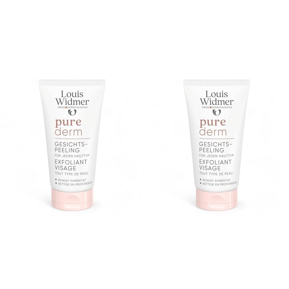Deux tubes Louis Widmer Purederm Exfoliant Visage. Blanc, bouchon rose. Inscription: pure derm, Gesichts-Peeling, Exfoliant Visage.