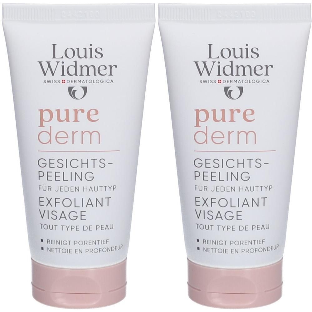 Deux tubes de Louis Widmer Purederm Exfoliant Visage. Blanc, accents roses. Inscription: pure derm, Gesichts-Peeling, Exfoliant Visage.