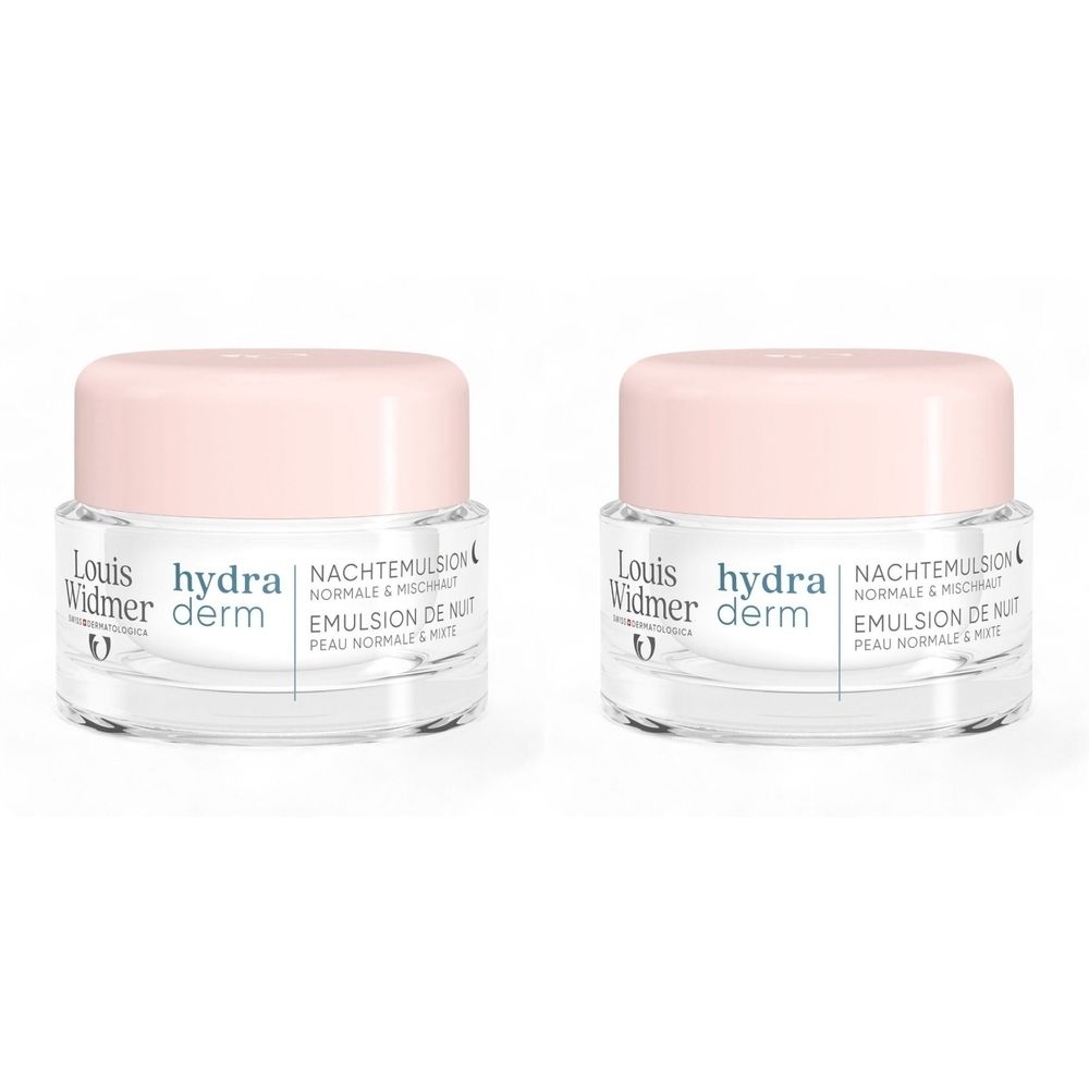 Deux pots d'émulsion de nuit Louis Widmer Hydraderm avec couvercles roses. Récipients en verre avec crème blanche. Inscription sur le devant.