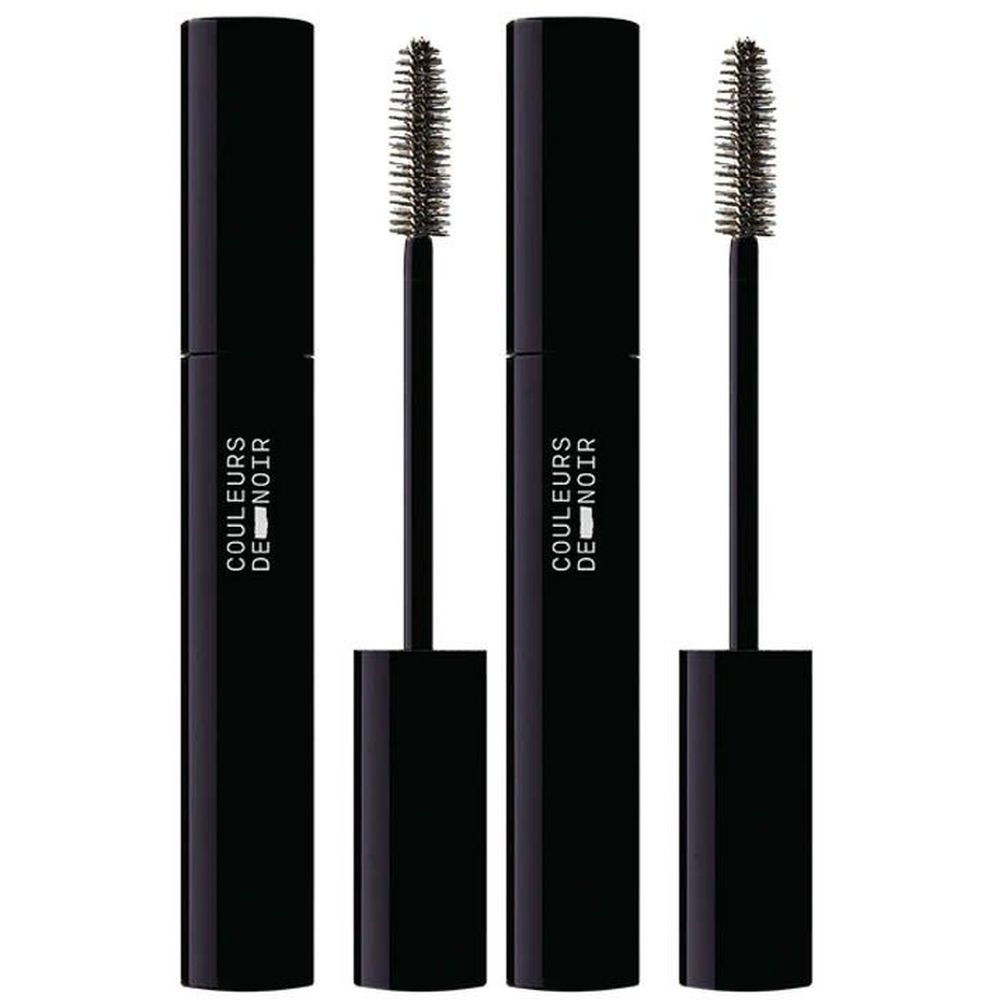 Deux tubes de mascara noirs avec brosses. Inscription : COULEURS DE NOIR. Récipients noirs.