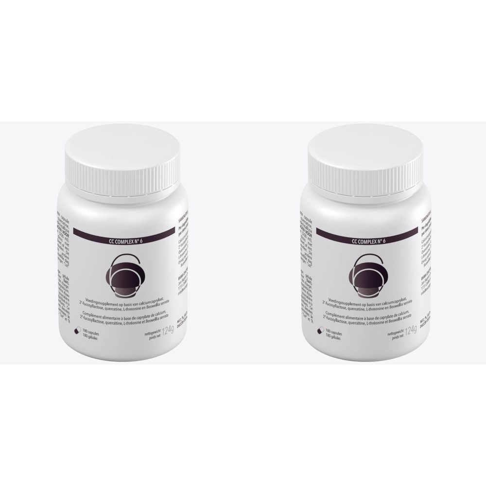 Deux flacons blancs avec étiquettes. Inscription: CC COMPLEX N° 6. Logo marron. Gélules.