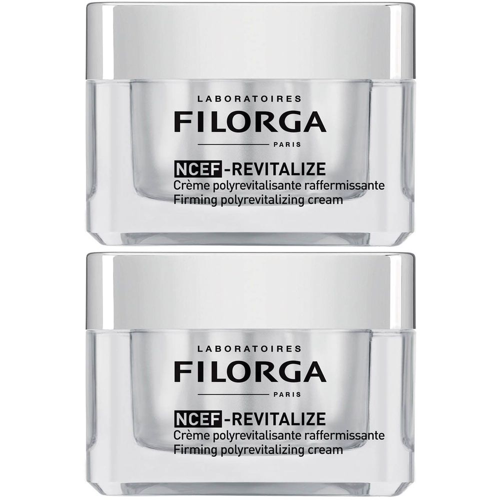 Deux pots de crème avec couvercles blancs. Inscription : FILORGA, NCEF-REVITALIZE, Crème polyrevitalisante raffermissante, Firming polyrevitalizing cream.