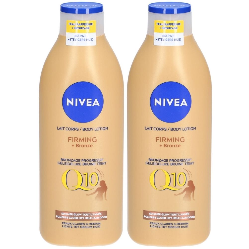 Deux flacons de Nivea Lait Corps/Body Lotion Firming + Bronze. Flacons beiges, bouchons bleus, logo.