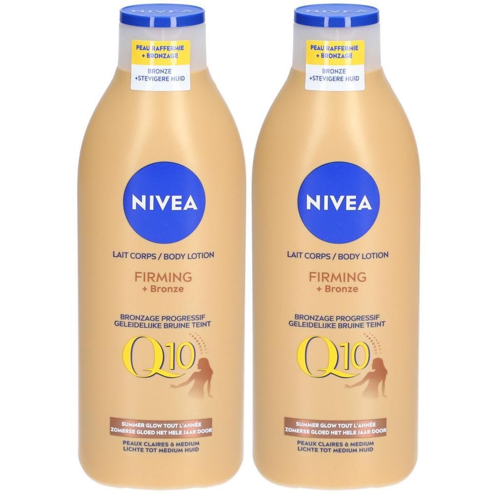 Deux flacons de Nivea Lait Corps/Body Lotion Firming + Bronze. Flacons beiges, bouchons bleus, logo.