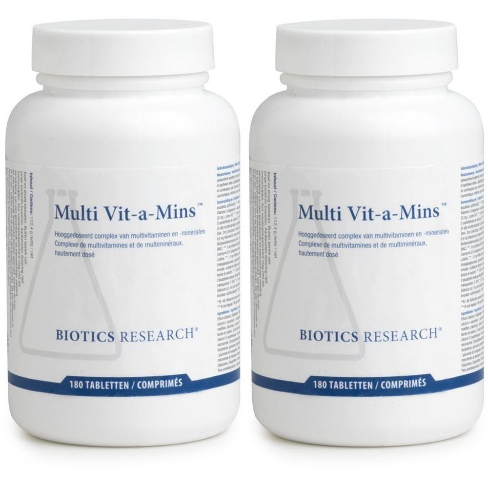 Deux flacons de Biotics Research Multi Vit-a-Mins. Flacons blancs avec étiquettes. Nom du produit et 180 comprimés visibles.