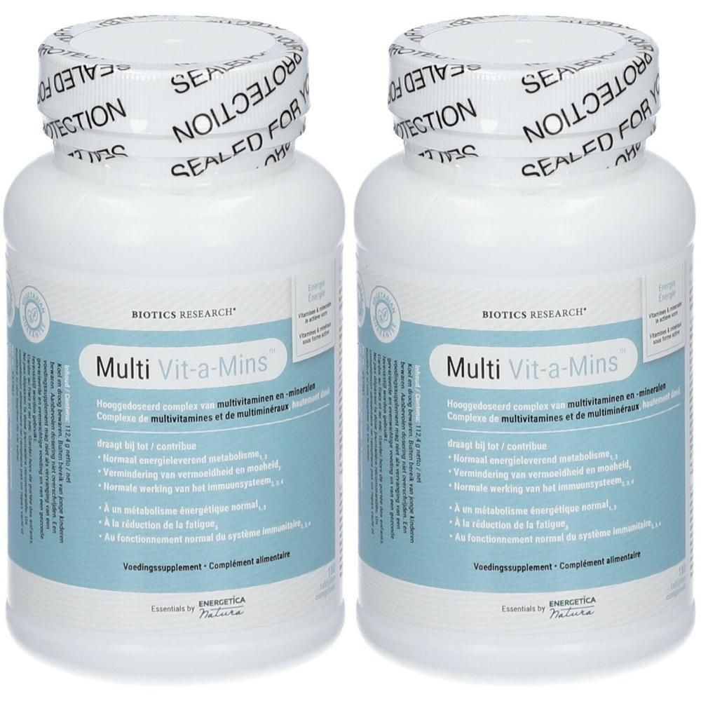 Deux flacons de Biotics Research Multi Vit-a-Mins. Flacons blancs avec étiquettes bleues et blanches. Nom de la marque et du produit visibles.