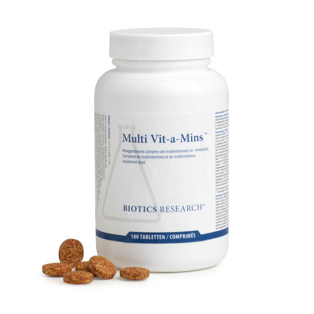 Une bouteille de Biotics Research Multi Vit-a-Mins, 180 comprimés, avec quelques comprimés à côté.