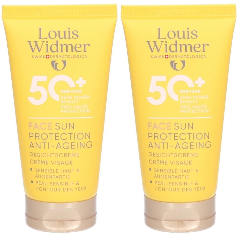 Deux tubes jaunes Louis Widmer. Inscription: Face Sun Protection Anti-Aging, SPF 50+. Peau sensible & contour des yeux.
