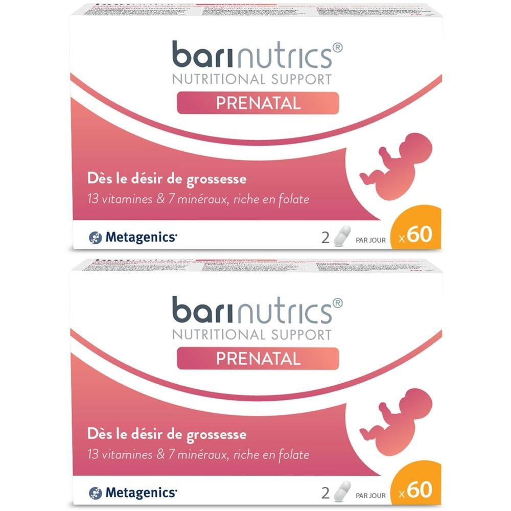 Deux boîtes Barinutrics Prenatal. Boîtes blanches avec graphiques roses. Texte: Prenatal, Metagenics.