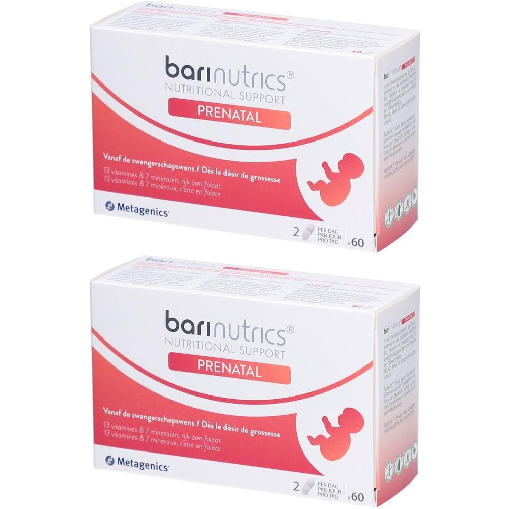 Deux boîtes Barinutrics Prenatal. Boîtes blanches avec graphiques rouges et oranges. Texte: Prenatal, Metagenics.