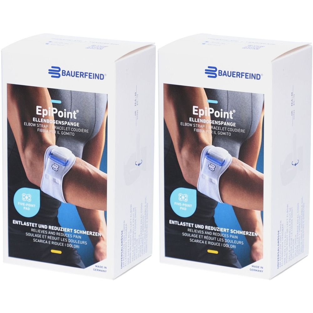 Deux boîtes de produit. Inscription : EpiPoint, attelle de coude, marque Bauerfeind. Illustration d'un bras avec bandage.