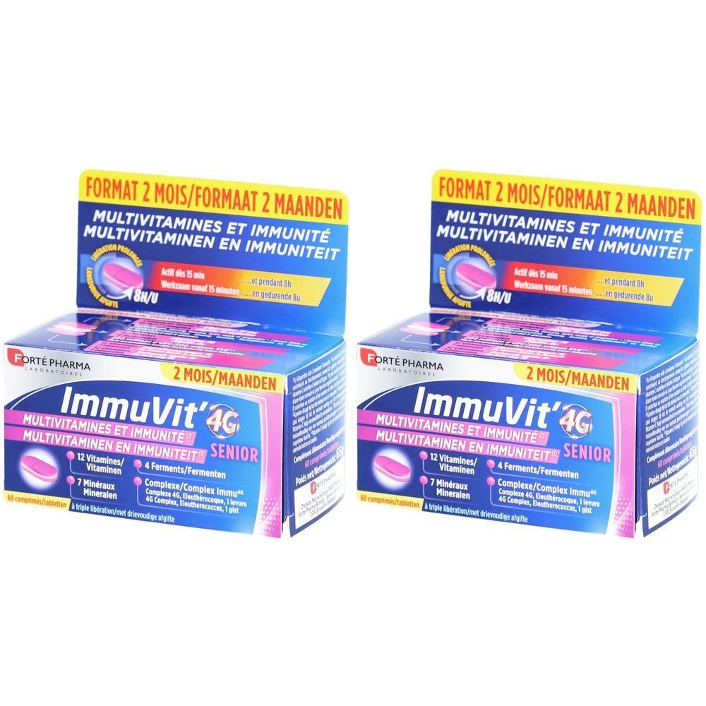 Deux boîtes de Forté Pharma ImmuVit' 4G. Emballage bleu et rose avec informations et logo du produit.