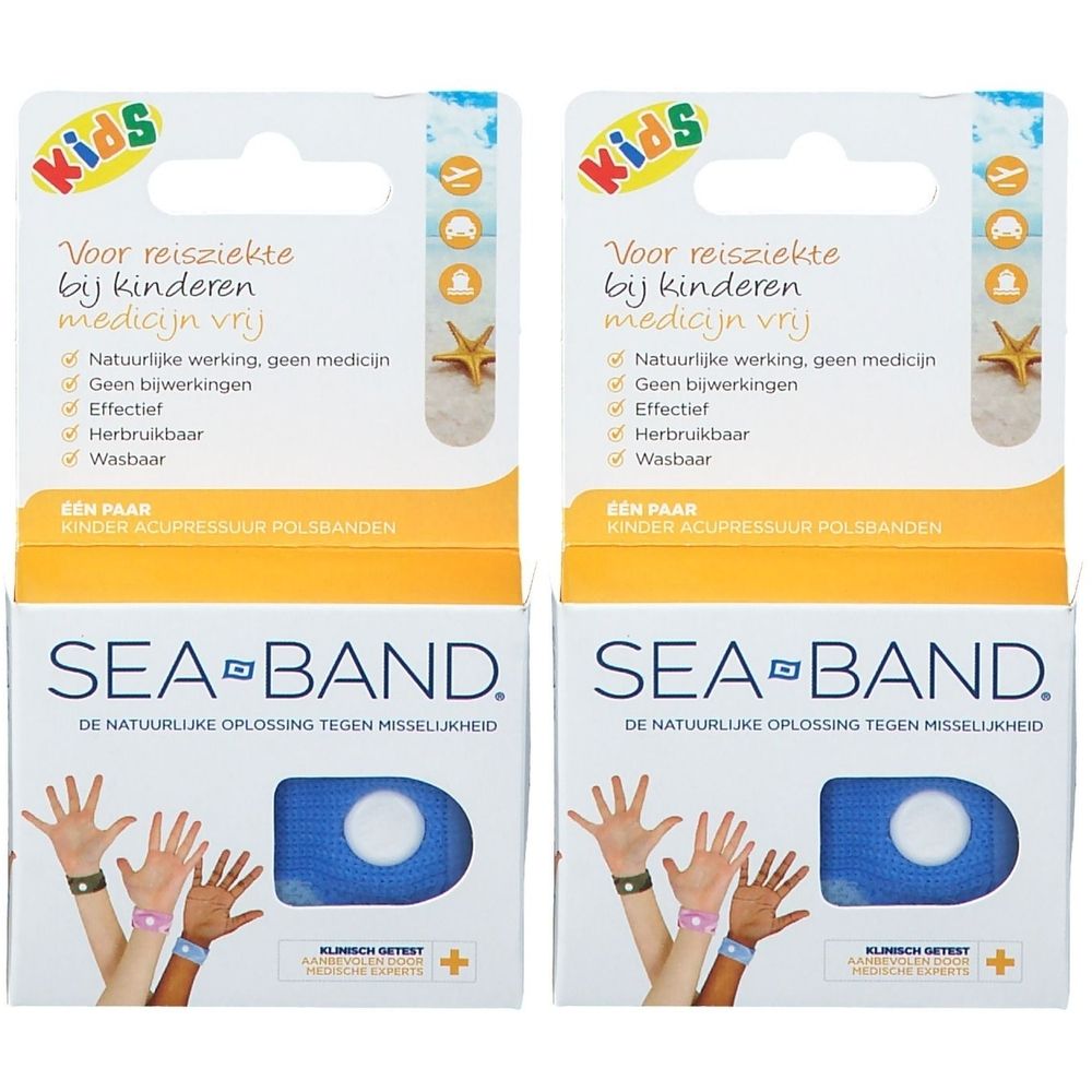 Deux boîtes de bracelets Sea-Band bleus pour enfants. Emballage avec nom du produit, illustrations et texte. Testé cliniquement.