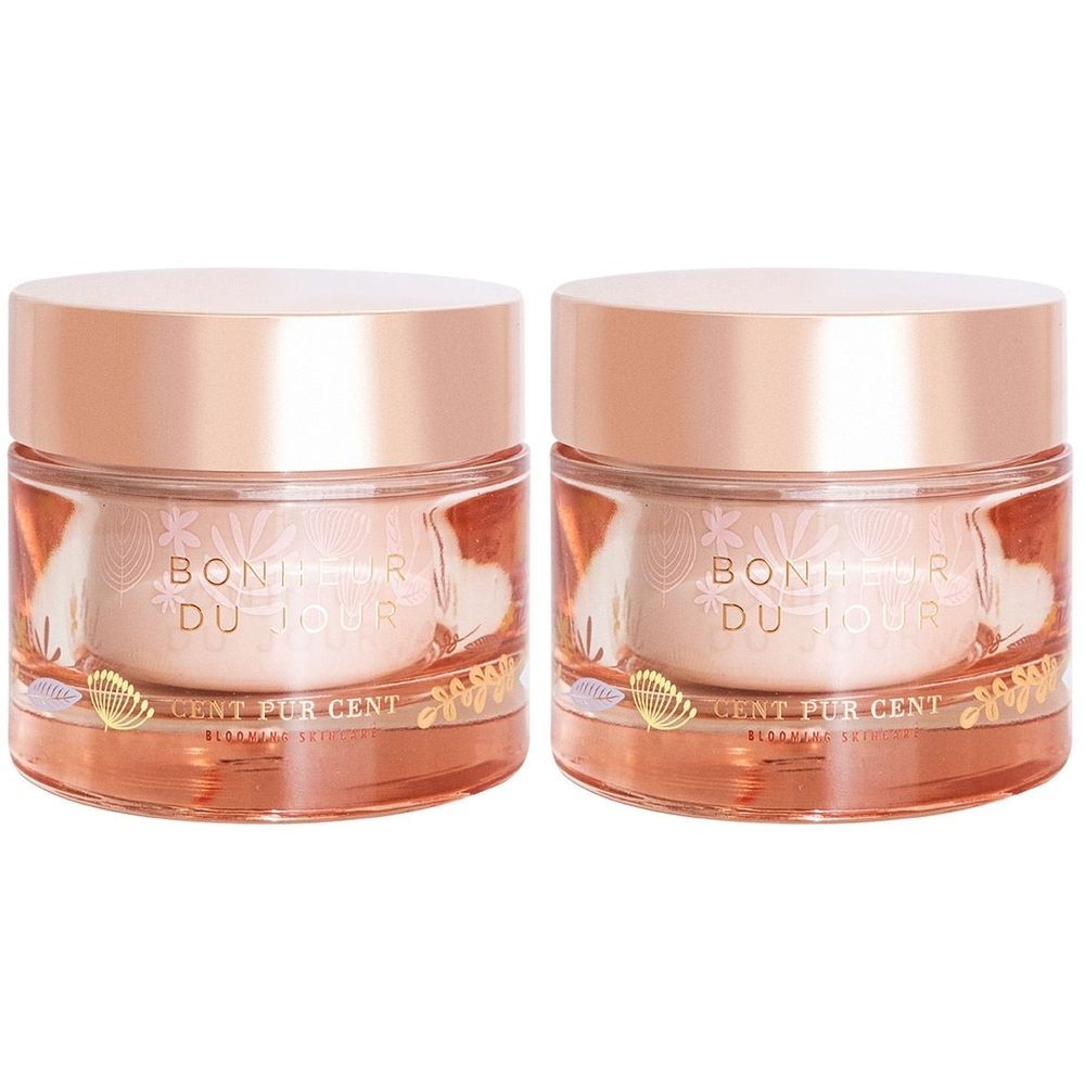 Deux pots avec couvercles. Inscription: BONHEUR DU JOUR et CENT PUR CENT. Ornements dorés. Coloris rose-doré.