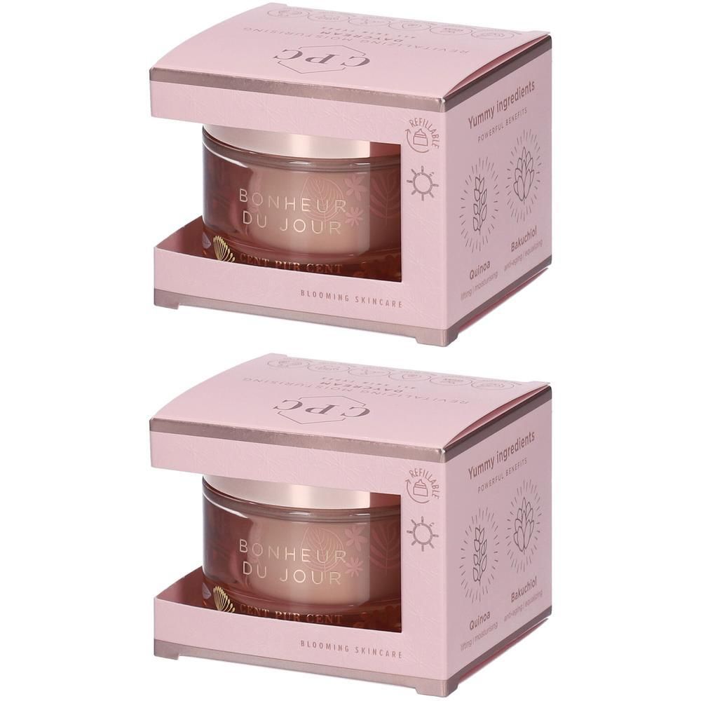 Deux boîtes roses avec pots. Inscription: BONHEUR DU JOUR. Logo: C.P.C. Blooming Skincare. Impression: Yummy Ingredients.