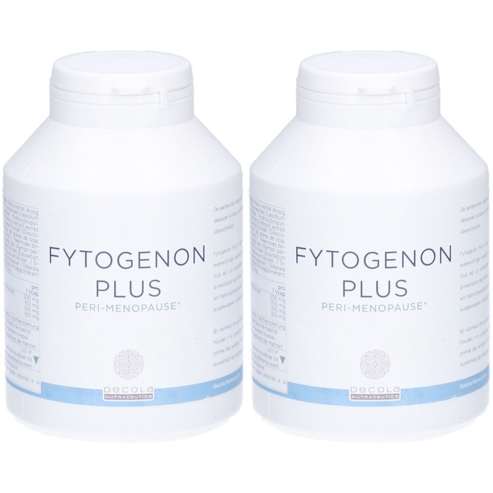 Deux flacons blancs avec étiquettes. Inscription : Fytogenon Plus, Peri-Menopause. Marque : Decola.