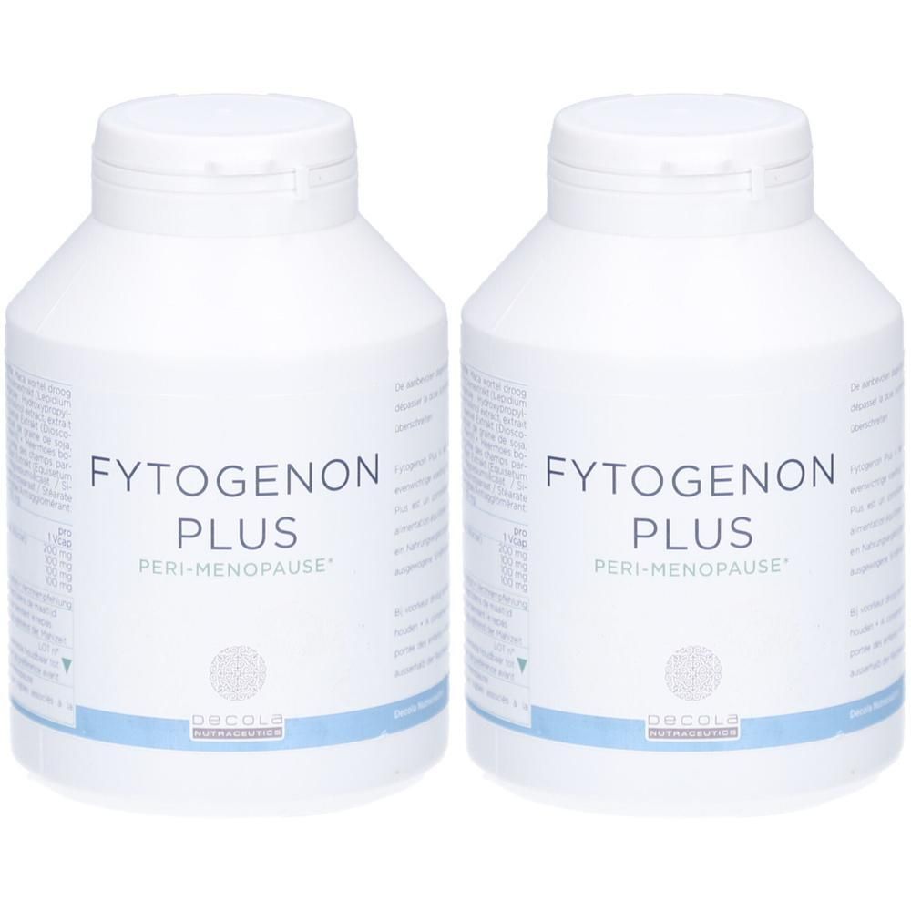 Deux flacons blancs avec étiquettes. Inscription : Fytogenon Plus, Peri-Menopause. Marque : Decola.