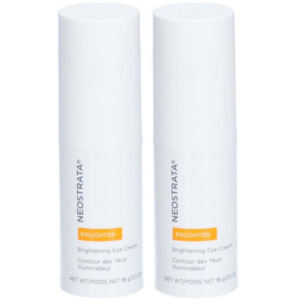 Deux tubes cylindriques blancs avec étiquettes oranges. Inscription : NEOSTRATA, ENLIGHTEN, Brightening Eye Cream, Contour des Yeux Illuminateur.